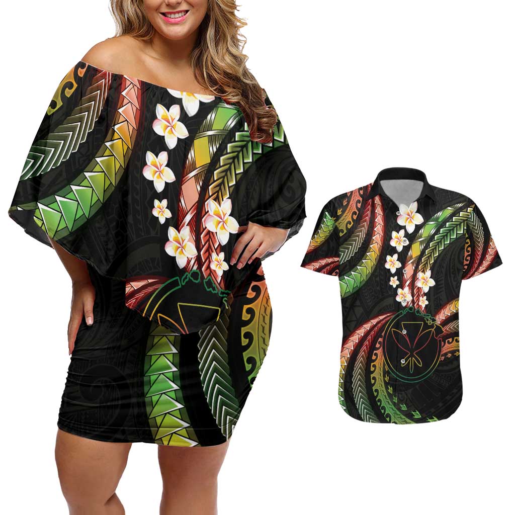 Hawaii Map Kanaka Maoli Couples Matching Off Shoulder Short Dress and Hawaiian Shirt Fantastic Frangipani Reggae