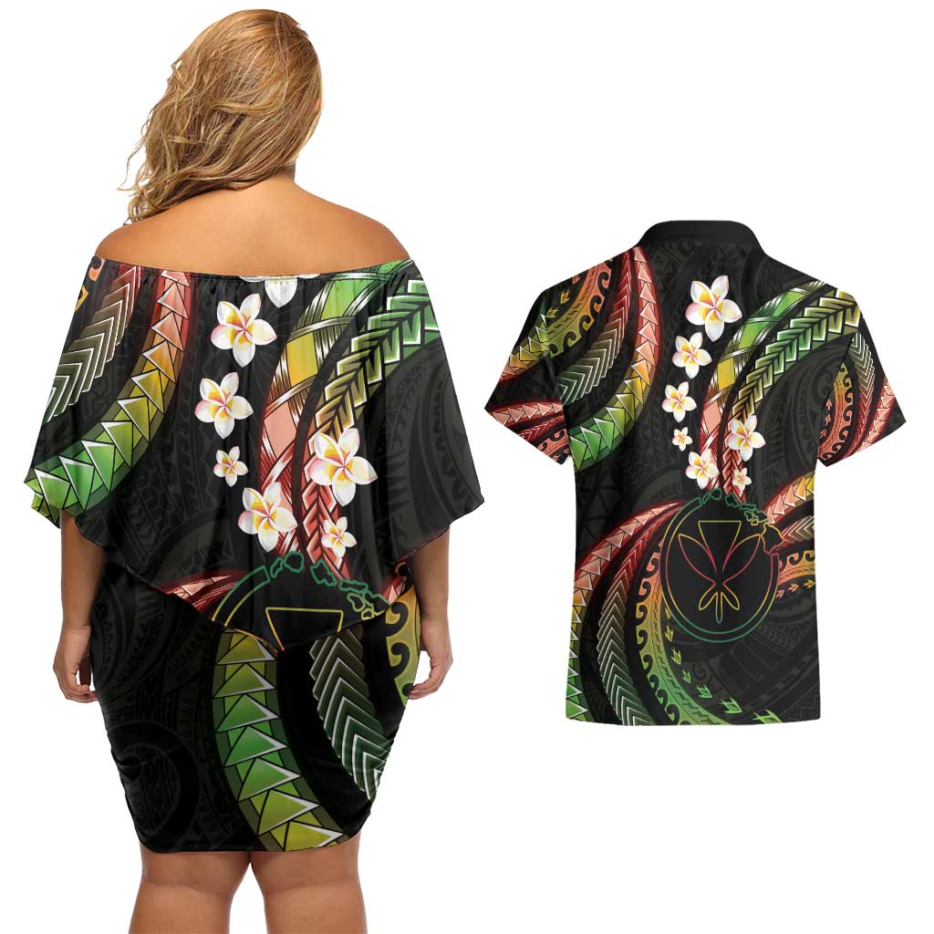 Hawaii Map Kanaka Maoli Couples Matching Off Shoulder Short Dress and Hawaiian Shirt Fantastic Frangipani Reggae