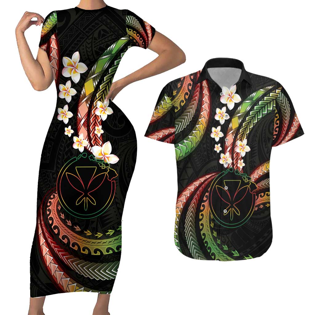 Hawaii Map Kanaka Maoli Couples Matching Short Sleeve Bodycon Dress and Hawaiian Shirt Fantastic Frangipani Reggae