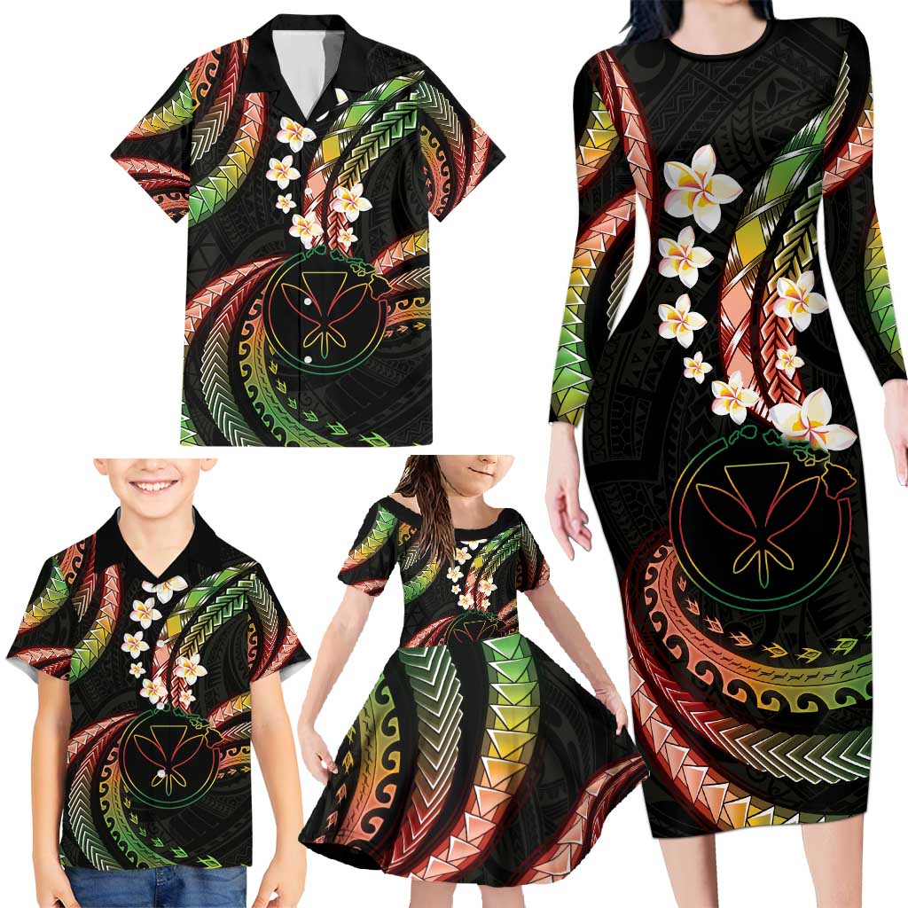 Hawaii Map Kanaka Maoli Family Matching Long Sleeve Bodycon Dress and Hawaiian Shirt Fantastic Frangipani Reggae