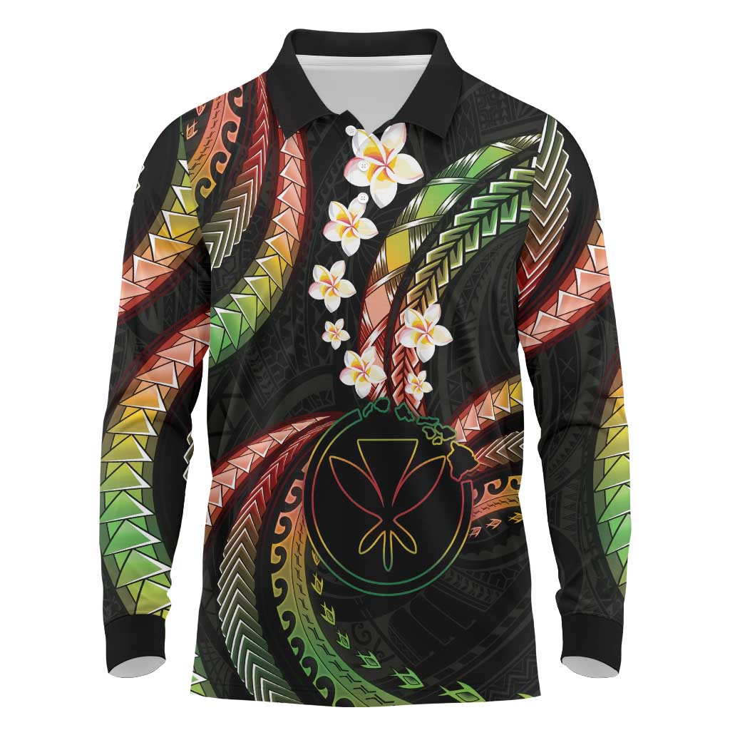 Hawaii Map Kanaka Maoli Long Sleeve Polo Shirt Fantastic Frangipani Reggae