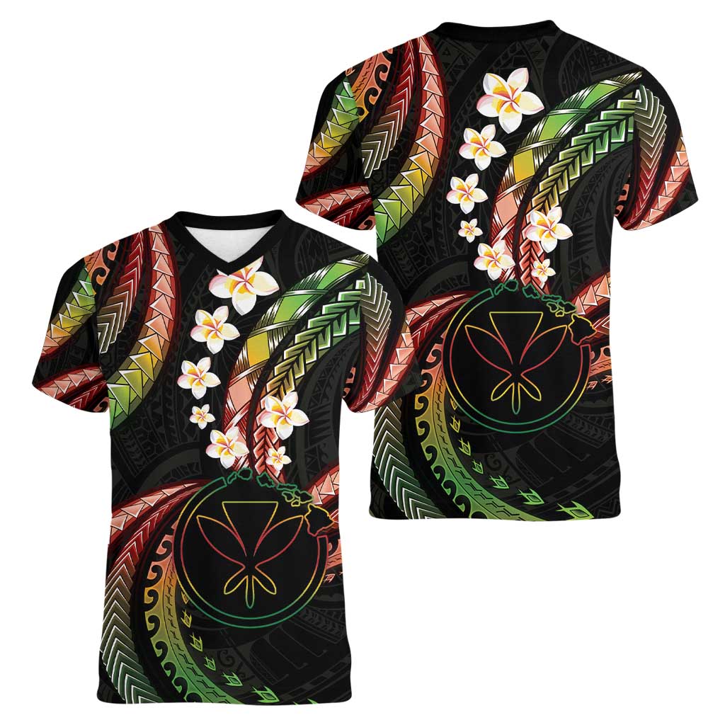 Hawaii Map Kanaka Maoli Women V-Neck T-Shirt Fantastic Frangipani Reggae