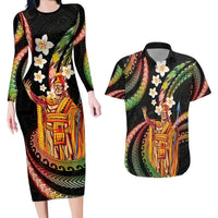Hawaii King Kamehameha Couples Matching Long Sleeve Bodycon Dress and Hawaiian Shirt Fantastic Plumeria Reggae