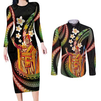 Hawaii King Kamehameha Couples Matching Long Sleeve Bodycon Dress and Long Sleeve Button Shirt Fantastic Plumeria Reggae
