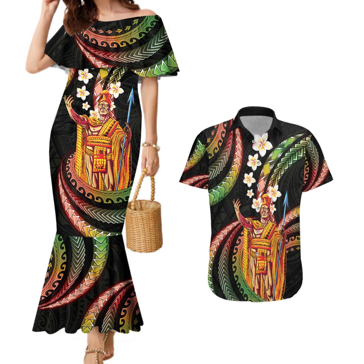 Hawaii King Kamehameha Couples Matching Mermaid Dress and Hawaiian Shirt Fantastic Plumeria Reggae