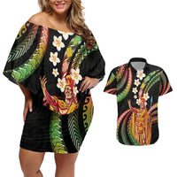 Hawaii King Kamehameha Couples Matching Off Shoulder Short Dress and Hawaiian Shirt Fantastic Plumeria Reggae