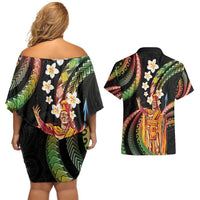 Hawaii King Kamehameha Couples Matching Off Shoulder Short Dress and Hawaiian Shirt Fantastic Plumeria Reggae