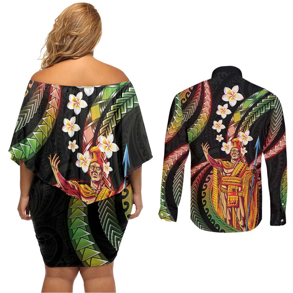 Hawaii King Kamehameha Couples Matching Off Shoulder Short Dress and Long Sleeve Button Shirt Fantastic Plumeria Reggae