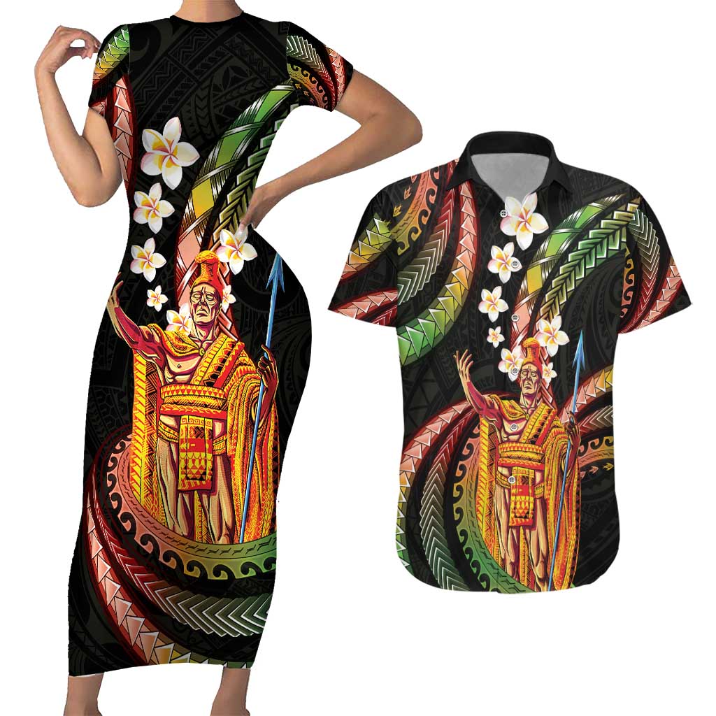 Hawaii King Kamehameha Couples Matching Short Sleeve Bodycon Dress and Hawaiian Shirt Fantastic Plumeria Reggae