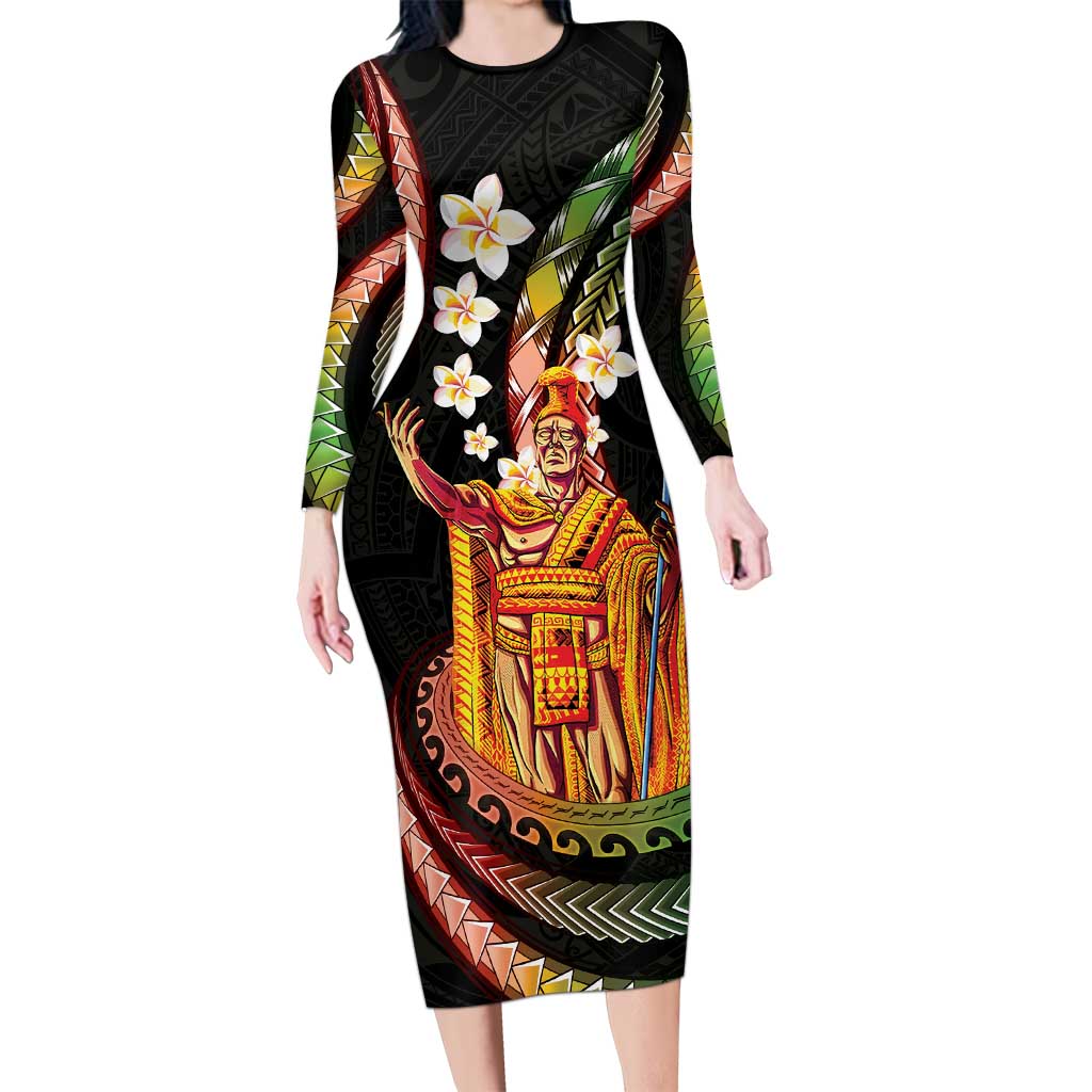 Hawaii King Kamehameha Family Matching Long Sleeve Bodycon Dress and Hawaiian Shirt Fantastic Plumeria Reggae