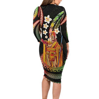 Hawaii King Kamehameha Family Matching Long Sleeve Bodycon Dress and Hawaiian Shirt Fantastic Plumeria Reggae
