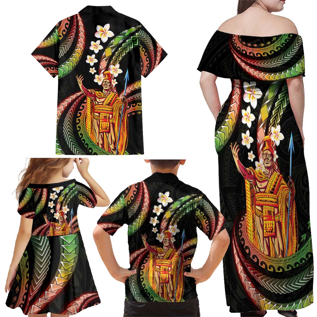 Hawaii King Kamehameha Family Matching Off Shoulder Maxi Dress and Hawaiian Shirt Fantastic Plumeria Reggae