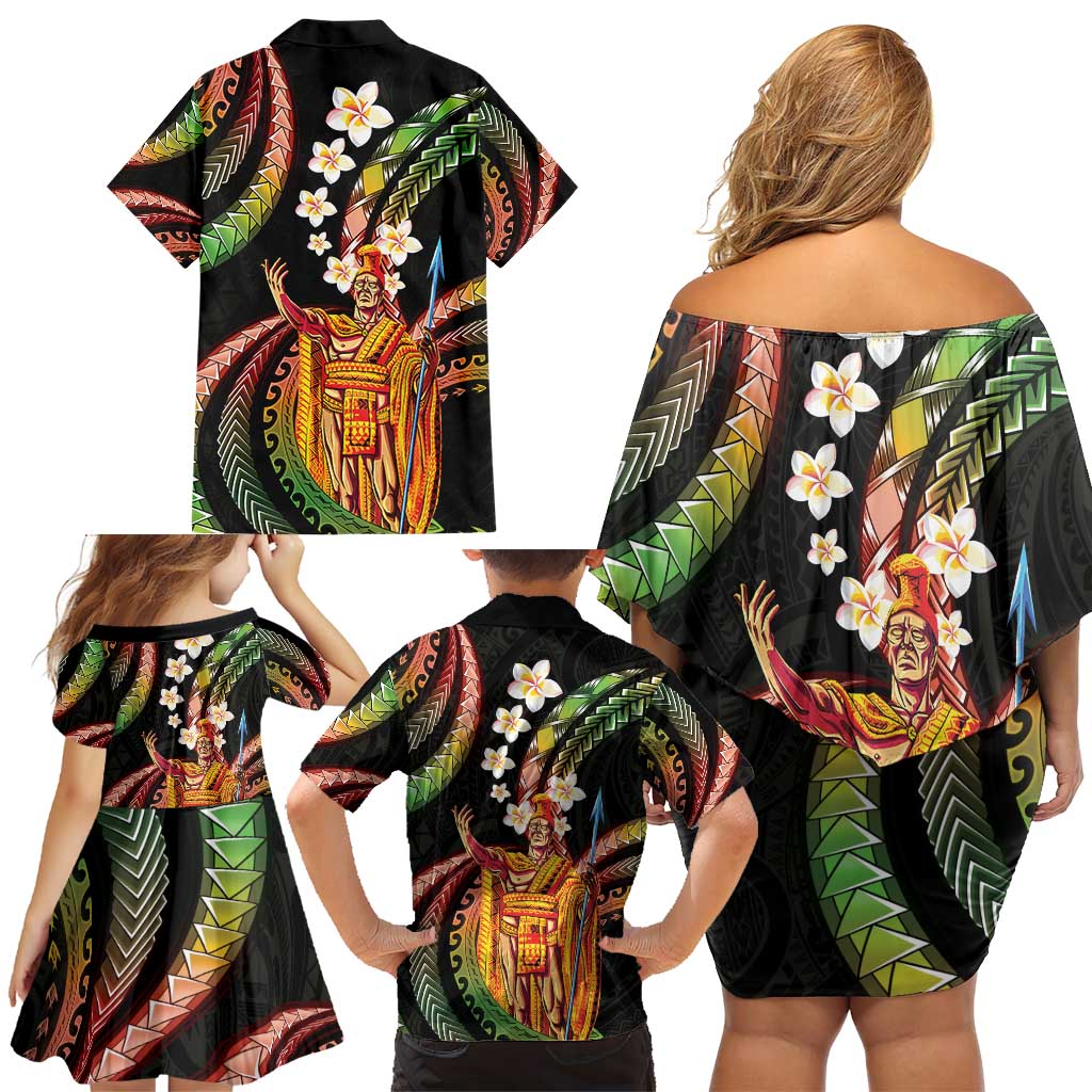 Hawaii King Kamehameha Family Matching Off Shoulder Short Dress and Hawaiian Shirt Fantastic Plumeria Reggae