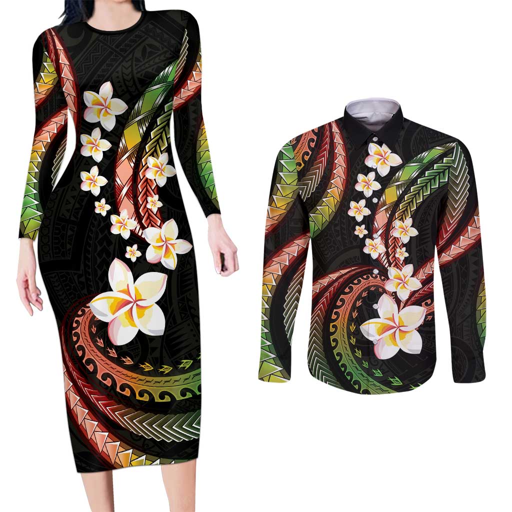 Hawaii Plumeria Reggae Couples Matching Long Sleeve Bodycon Dress and Long Sleeve Button Shirt Polynesian Pattern