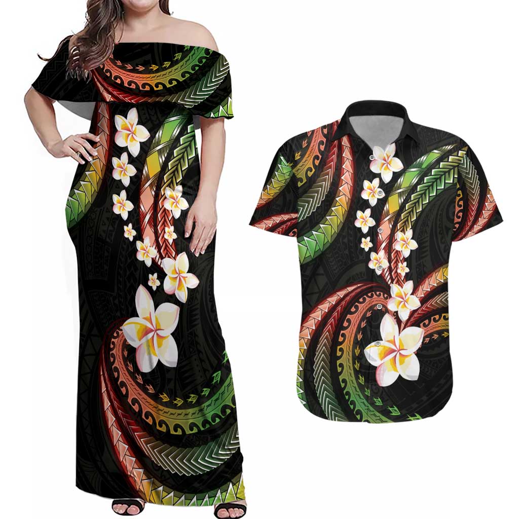 Hawaii Plumeria Reggae Couples Matching Off Shoulder Maxi Dress and Hawaiian Shirt Polynesian Pattern