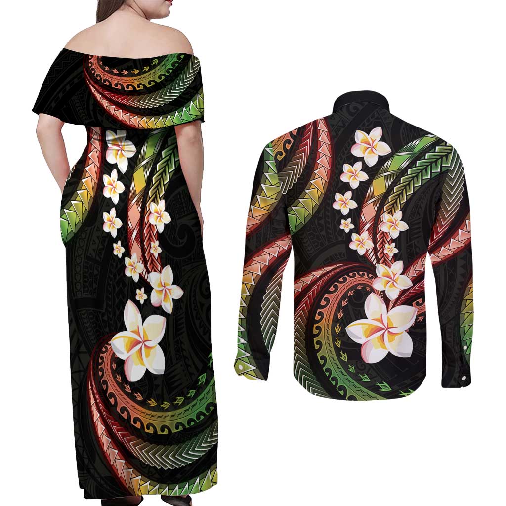 Hawaii Plumeria Reggae Couples Matching Off Shoulder Maxi Dress and Long Sleeve Button Shirt Polynesian Pattern