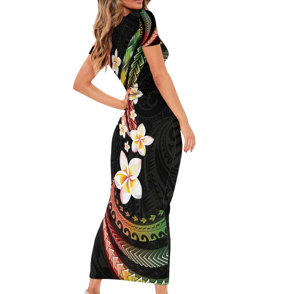 Hawaii Plumeria Reggae Short Sleeve Bodycon Dress Polynesian Pattern