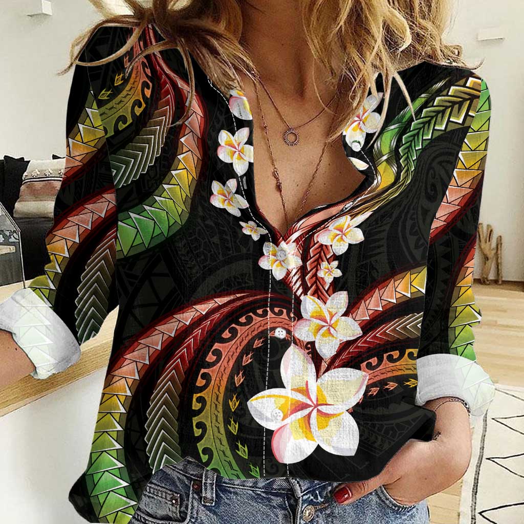 Hawaii Plumeria Reggae Women Casual Shirt Polynesian Pattern