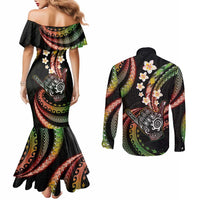 Hawaii Shaka Sign Couples Matching Mermaid Dress and Long Sleeve Button Shirt Fantastic Frangipani Reggae