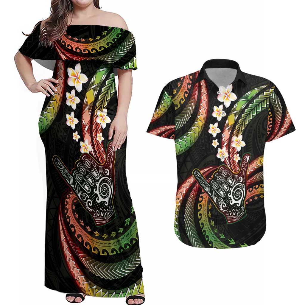 Hawaii Shaka Sign Couples Matching Off Shoulder Maxi Dress and Hawaiian Shirt Fantastic Frangipani Reggae