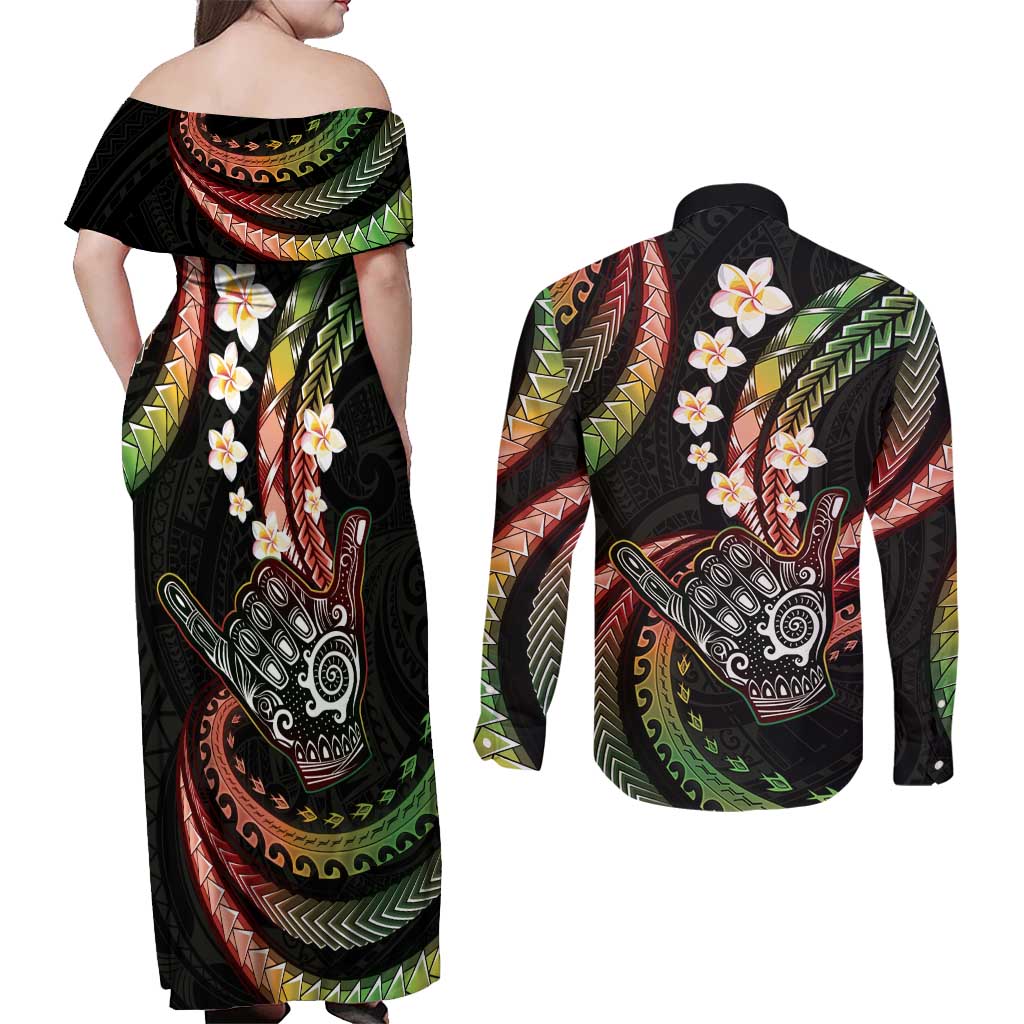 Hawaii Shaka Sign Couples Matching Off Shoulder Maxi Dress and Long Sleeve Button Shirt Fantastic Frangipani Reggae