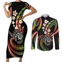 Hawaii Shaka Sign Couples Matching Short Sleeve Bodycon Dress and Long Sleeve Button Shirt Fantastic Frangipani Reggae