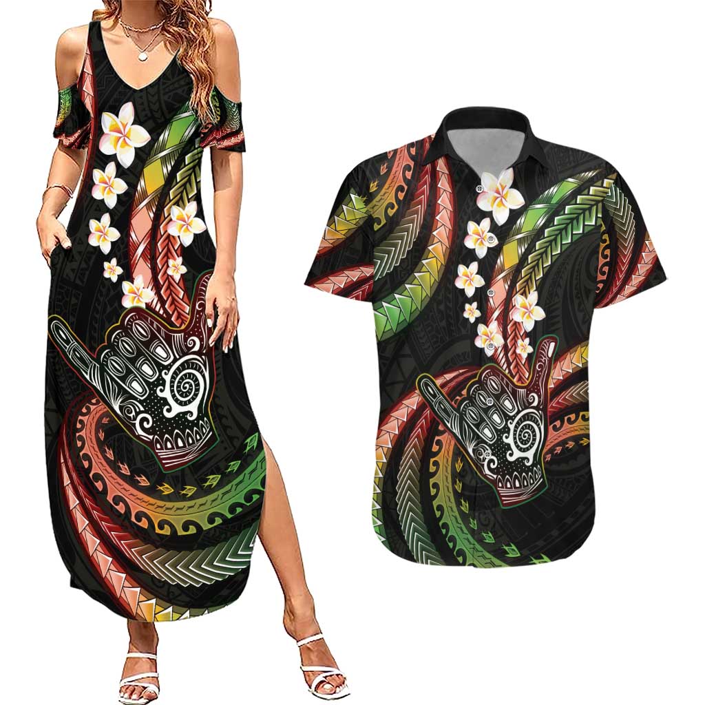 Hawaii Shaka Sign Couples Matching Summer Maxi Dress and Hawaiian Shirt Fantastic Frangipani Reggae