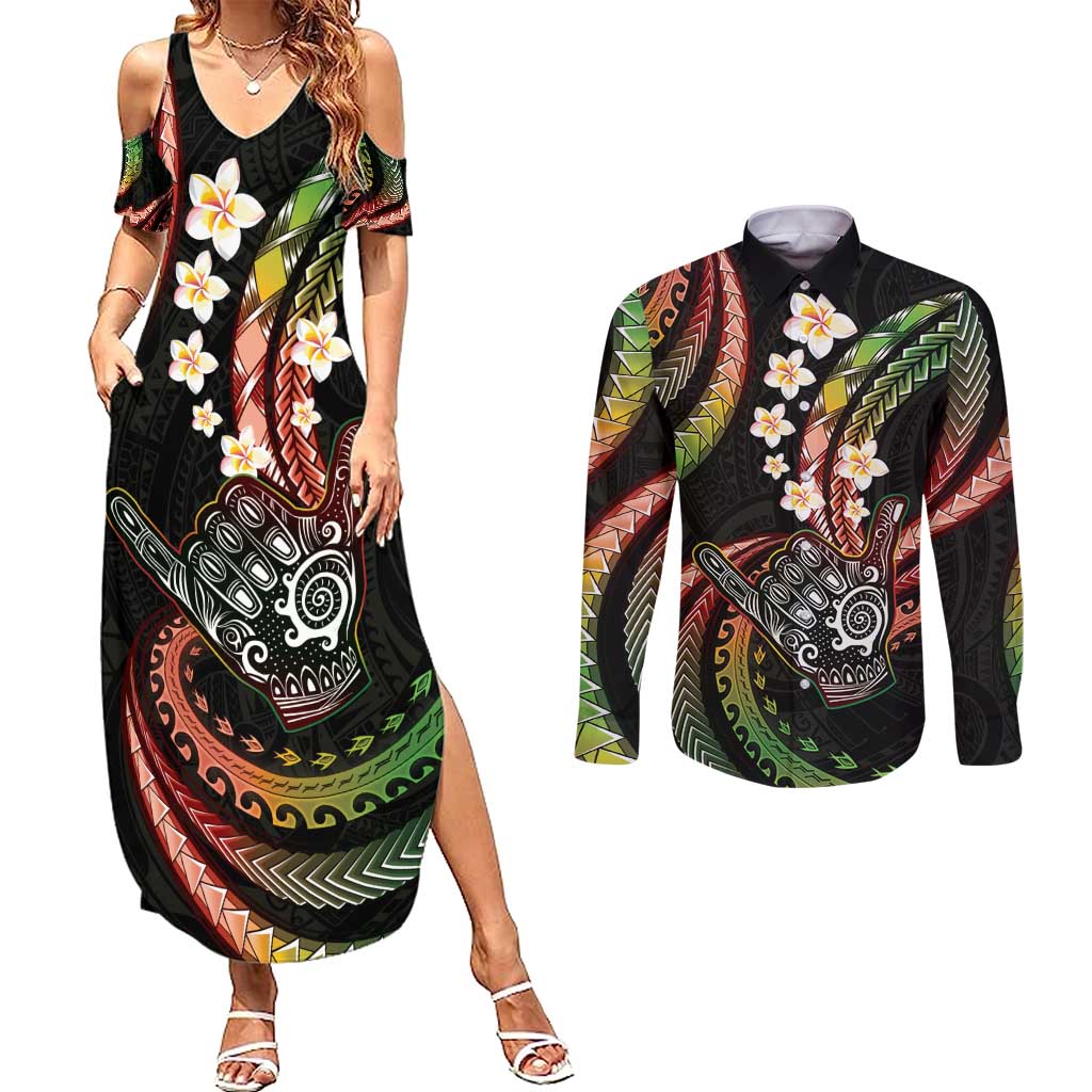 Hawaii Shaka Sign Couples Matching Summer Maxi Dress and Long Sleeve Button Shirt Fantastic Frangipani Reggae