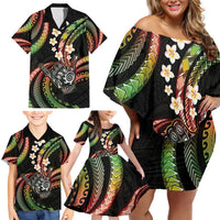 Hawaii Shaka Sign Family Matching Off Shoulder Short Dress and Hawaiian Shirt Fantastic Frangipani Reggae