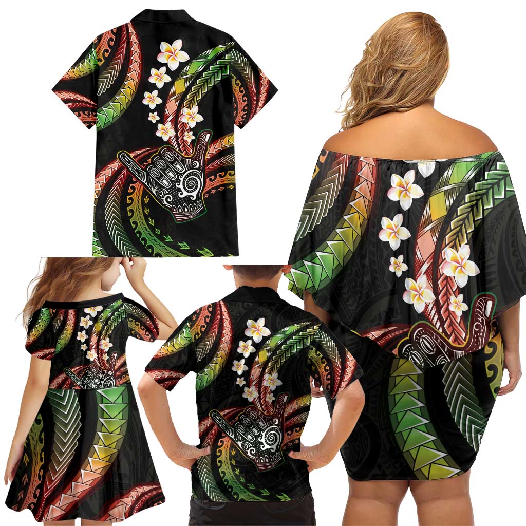 Hawaii Shaka Sign Family Matching Off Shoulder Short Dress and Hawaiian Shirt Fantastic Frangipani Reggae