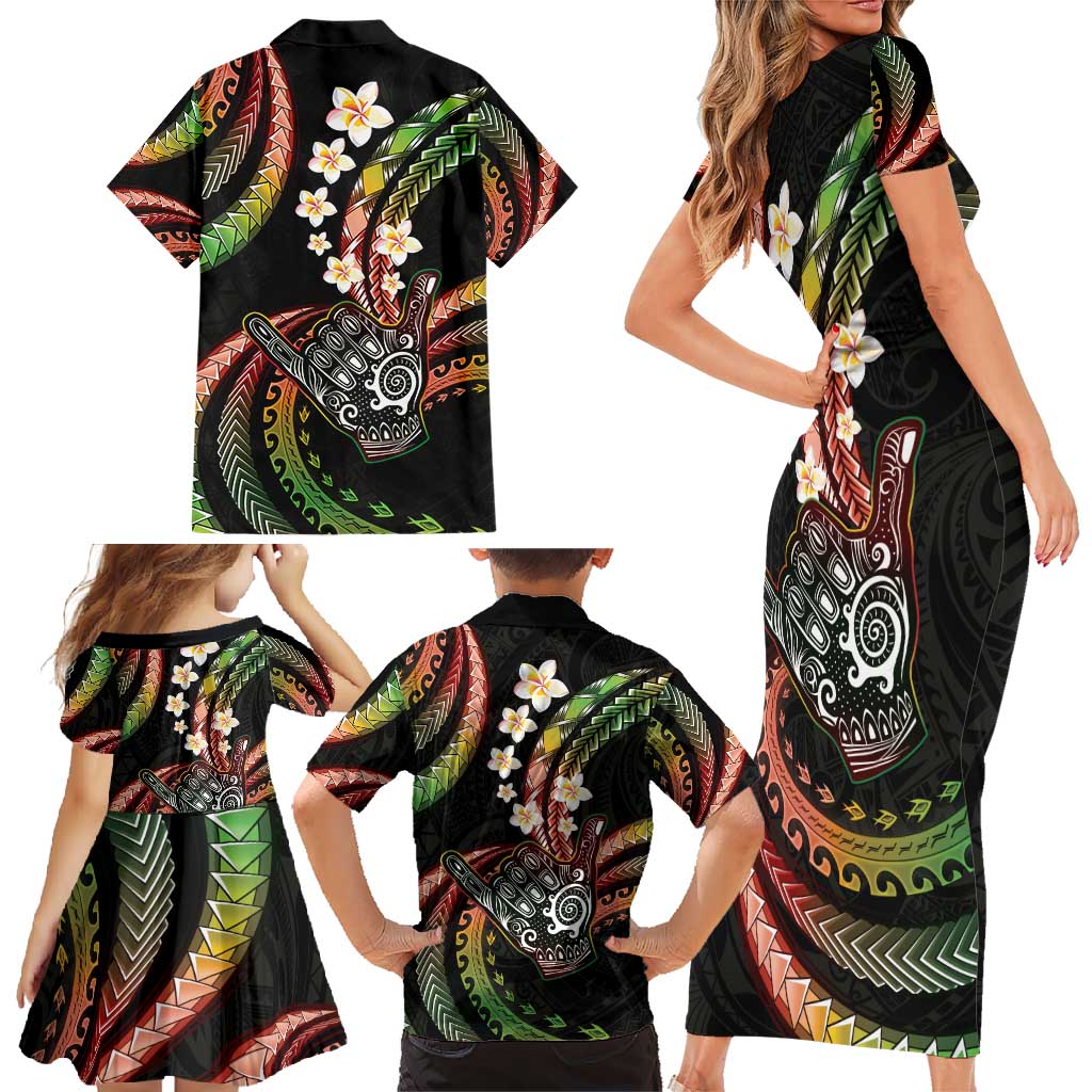 Hawaii Shaka Sign Family Matching Short Sleeve Bodycon Dress and Hawaiian Shirt Fantastic Frangipani Reggae