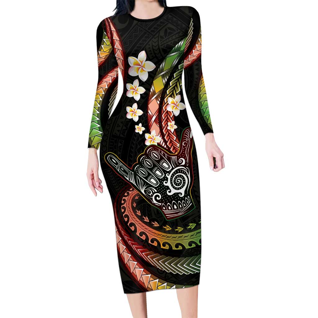 Hawaii Shaka Sign Long Sleeve Bodycon Dress Fantastic Frangipani Reggae