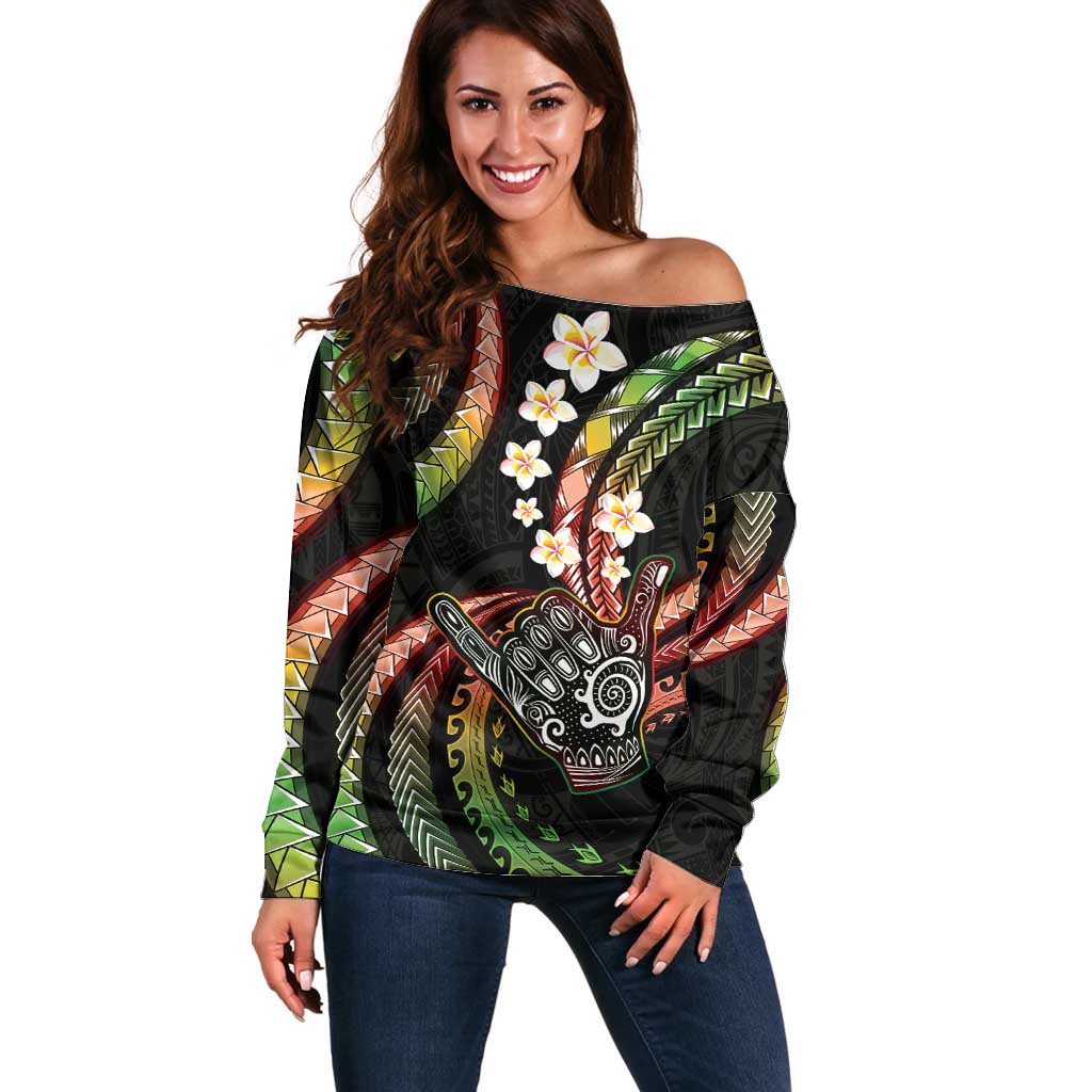Hawaii Shaka Sign Off Shoulder Sweater Fantastic Frangipani Reggae