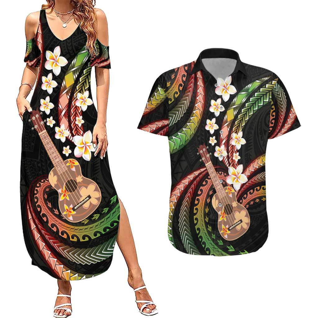 Hawaiian Ukulele Couples Matching Summer Maxi Dress and Hawaiian Shirt Jawaiian Fantastic Plumeria
