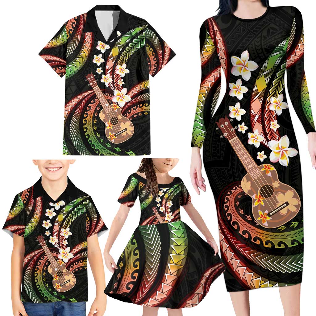 Hawaiian Ukulele Family Matching Long Sleeve Bodycon Dress and Hawaiian Shirt Jawaiian Fantastic Plumeria