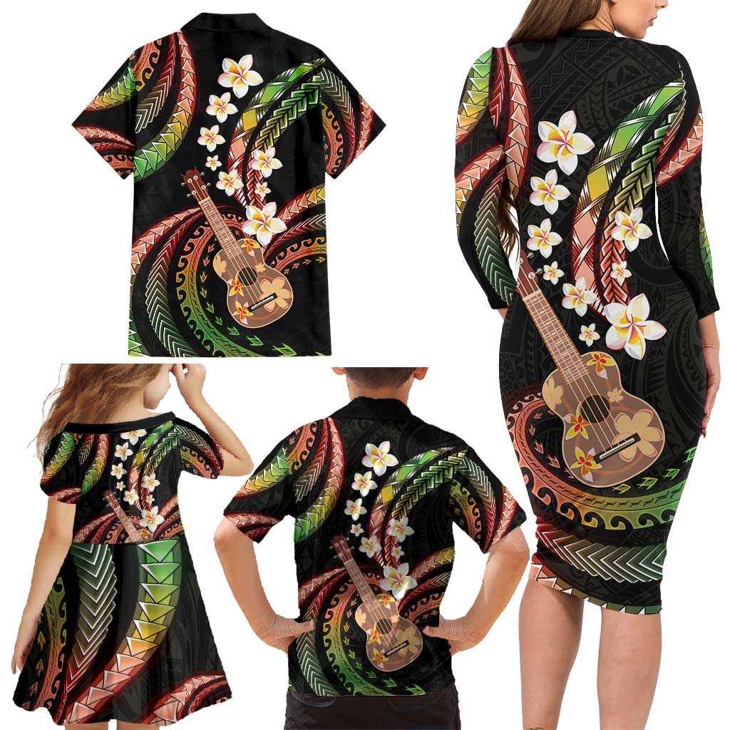 Hawaiian Ukulele Family Matching Long Sleeve Bodycon Dress and Hawaiian Shirt Jawaiian Fantastic Plumeria