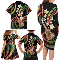 Hawaiian Ukulele Family Matching Long Sleeve Bodycon Dress and Hawaiian Shirt Jawaiian Fantastic Plumeria