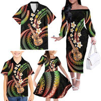 Hawaiian Ukulele Family Matching Off The Shoulder Long Sleeve Dress and Hawaiian Shirt Jawaiian Fantastic Plumeria