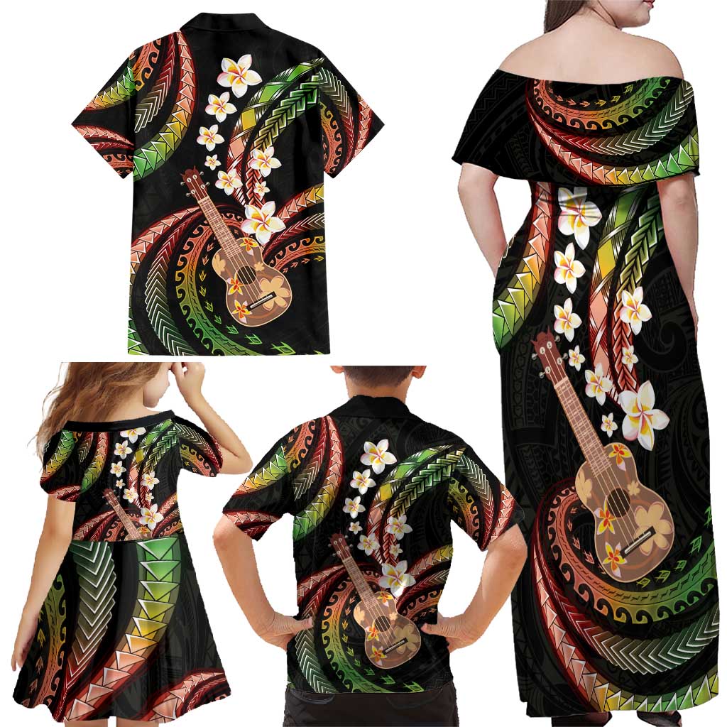 Hawaiian Ukulele Family Matching Off Shoulder Maxi Dress and Hawaiian Shirt Jawaiian Fantastic Plumeria