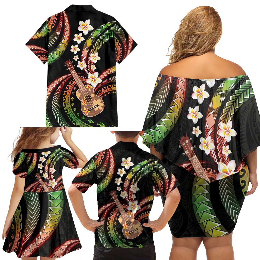 Hawaiian Ukulele Family Matching Off Shoulder Short Dress and Hawaiian Shirt Jawaiian Fantastic Plumeria