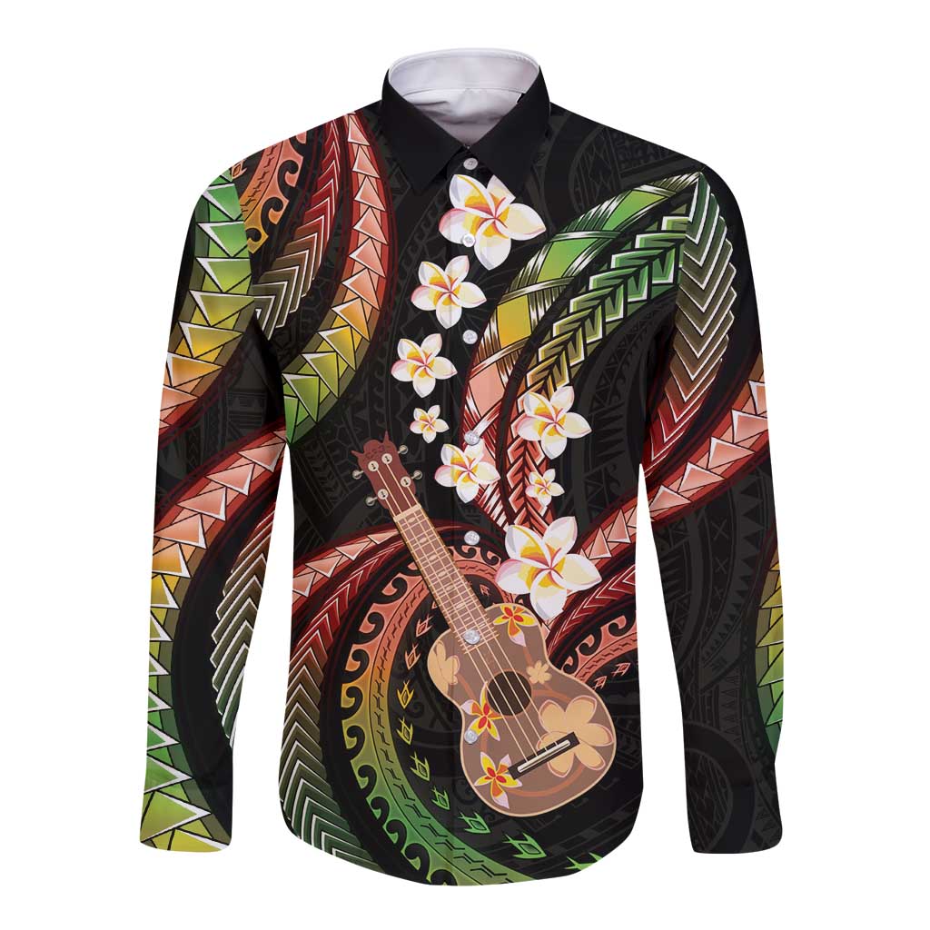 Hawaiian Ukulele Long Sleeve Button Shirt Jawaiian Fantastic Plumeria