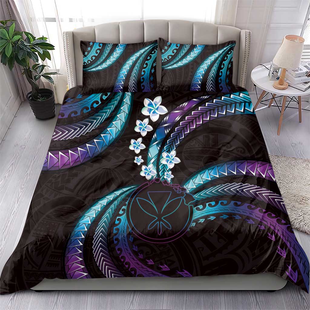 Hawaii Map Kanaka Maoli Bedding Set Fantastic Frangipani Amethyst Gradient