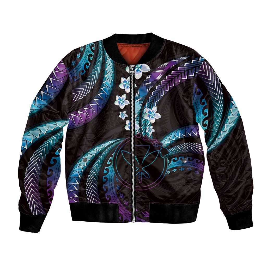 Hawaii Map Kanaka Maoli Bomber Jacket Fantastic Frangipani Amethyst Gradient