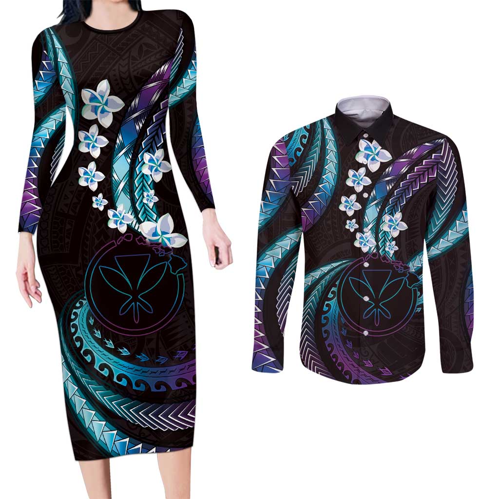 Hawaii Map Kanaka Maoli Couples Matching Long Sleeve Bodycon Dress and Long Sleeve Button Shirt Fantastic Frangipani Amethyst Gradient