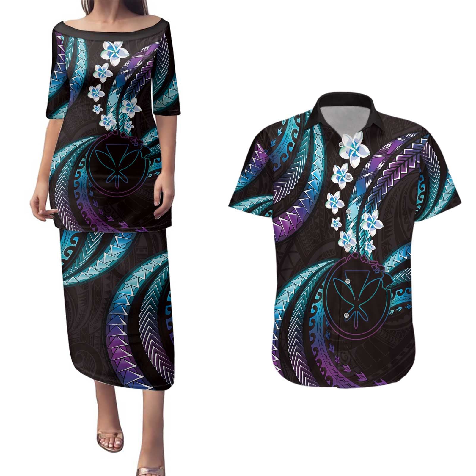 Hawaii Map Kanaka Maoli Couples Matching Puletasi and Hawaiian Shirt Fantastic Frangipani Amethyst Gradient