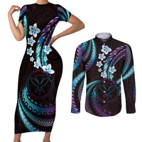 Hawaii Map Kanaka Maoli Couples Matching Short Sleeve Bodycon Dress and Long Sleeve Button Shirt Fantastic Frangipani Amethyst Gradient