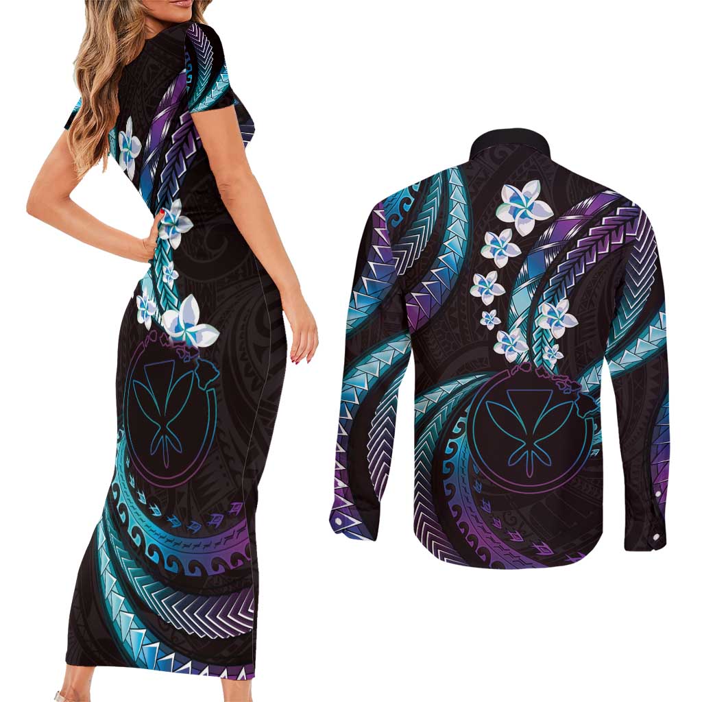 Hawaii Map Kanaka Maoli Couples Matching Short Sleeve Bodycon Dress and Long Sleeve Button Shirt Fantastic Frangipani Amethyst Gradient