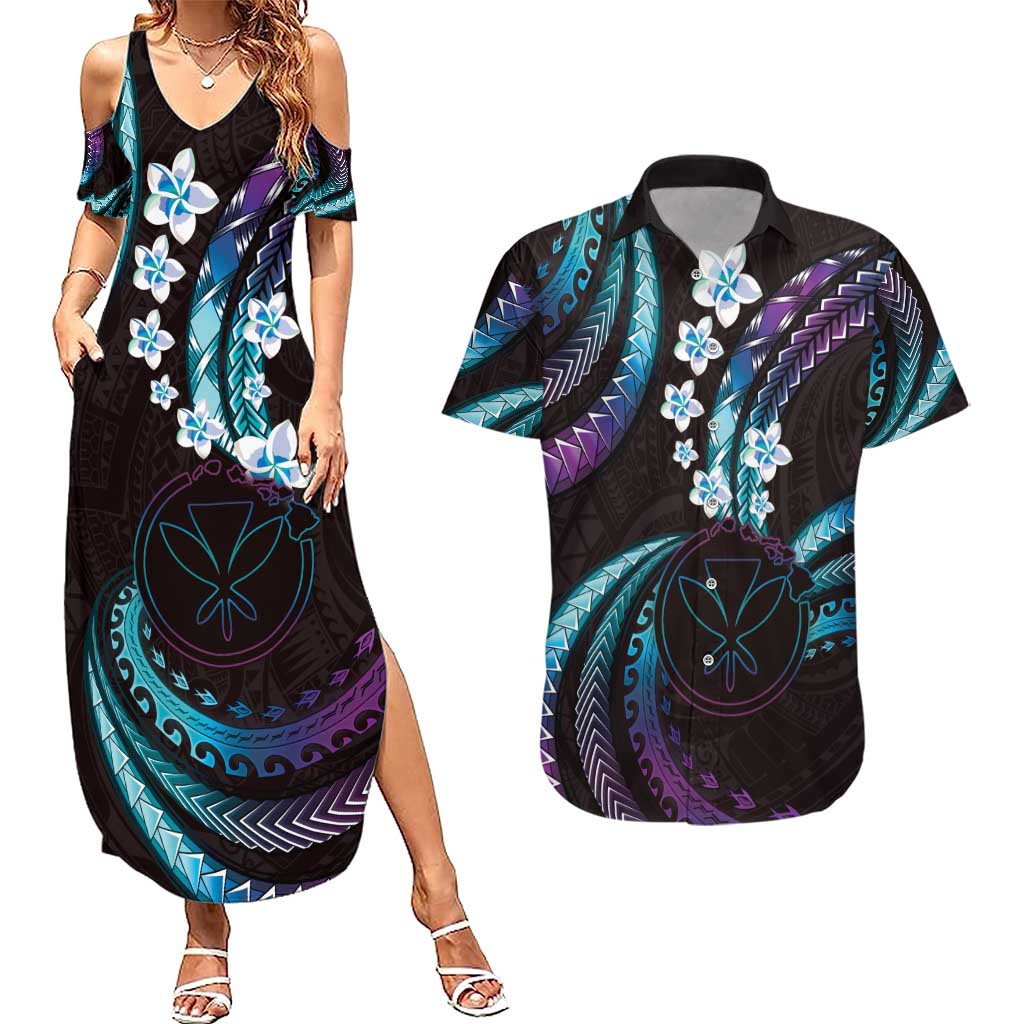Hawaii Map Kanaka Maoli Couples Matching Summer Maxi Dress and Hawaiian Shirt Fantastic Frangipani Amethyst Gradient