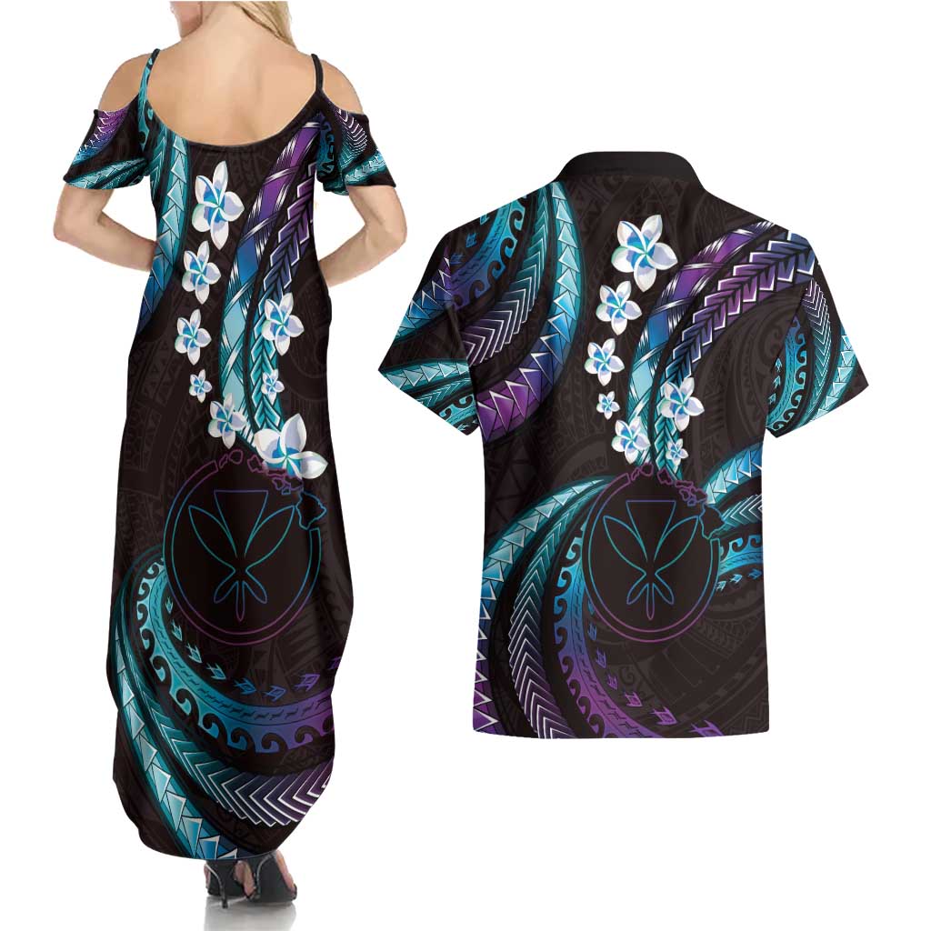 Hawaii Map Kanaka Maoli Couples Matching Summer Maxi Dress and Hawaiian Shirt Fantastic Frangipani Amethyst Gradient