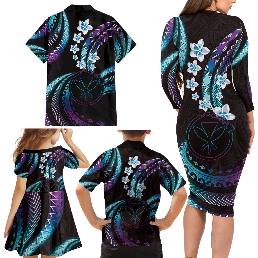 Hawaii Map Kanaka Maoli Family Matching Long Sleeve Bodycon Dress and Hawaiian Shirt Fantastic Frangipani Amethyst Gradient
